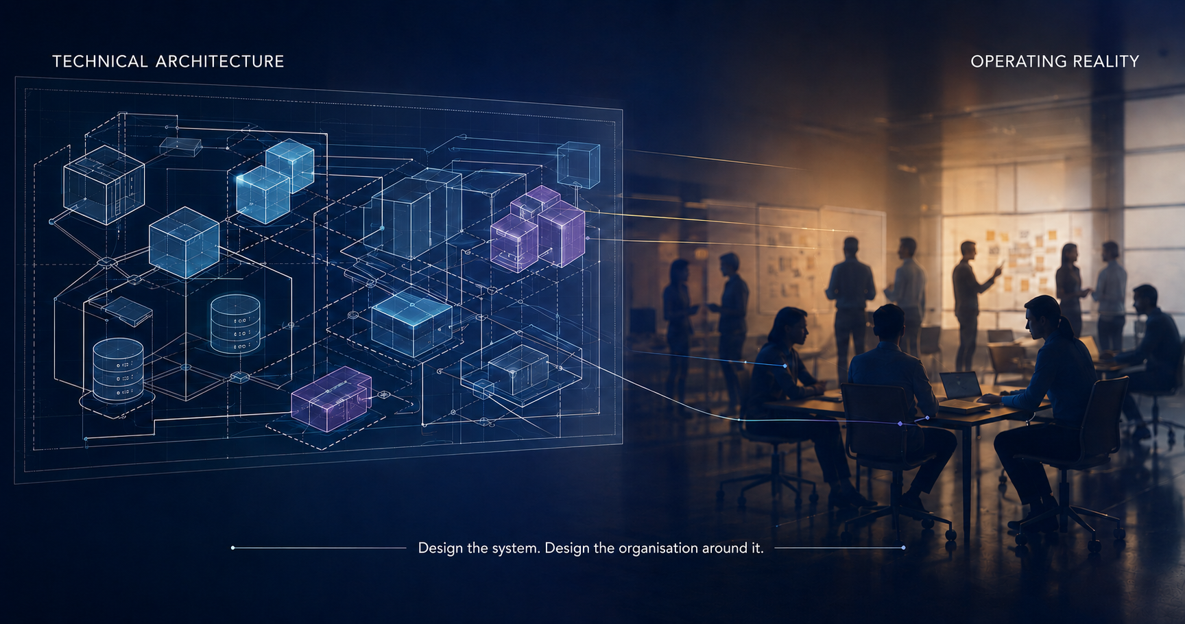 A precise technical architecture blueprint connected to the people, decisions and operating practices that bring it to life